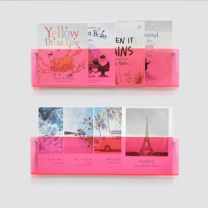 ROYALITA 2-Pack Acrylic Magazine Holder Brochure Holder, 24" Record Holder Magazine Rack, Fashion Hanging Bookshelf Literature Storage Rack for Waiting Room, Living Room, Office, Pink 24 Inch