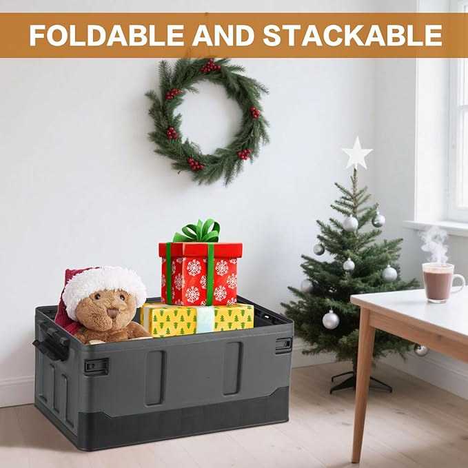 Collapsible Storage Bins with Lids, Portable Foldable Box with 2 Side Doors, Organizing Stackable Storage Cases Large Heavy Duty Utility Crates for Camp Fishing Car RV (Extra Extra Large-60L)
