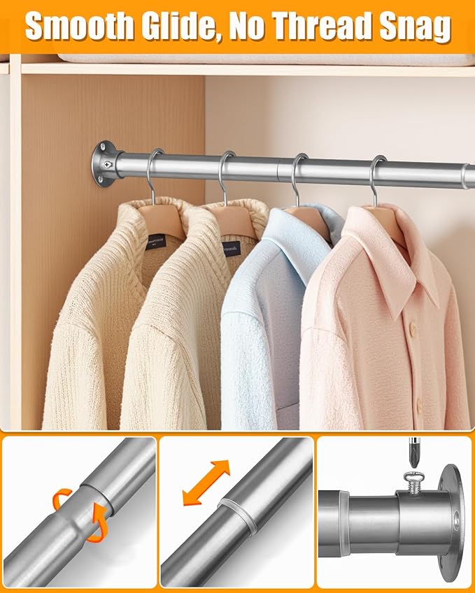 Closet Rods for Hanging Clothes, 17-52 Inch Heavy Duty and Stepless Adjustable Closet Poles, Stainless Steel Closet Hanging Rod for Closet, Wardrobes, Laundry Room, Bathroom, RV (Silver)