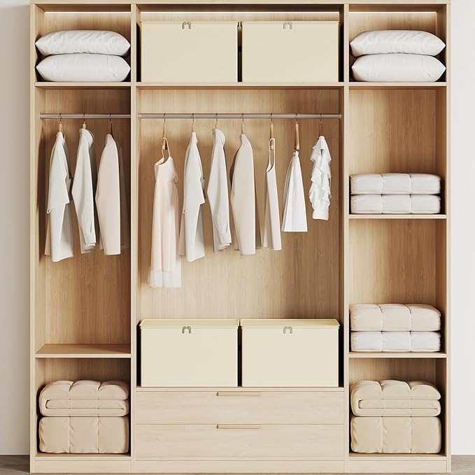 Large Clothes Storage Bins with Sturdy Frame, Foldable Clothing Organizer Box, Sweater Storage Cube with Lids and Zipper, Fabric Bedding Storage Bags for Blankets, Seasonal Clothes, Comforter