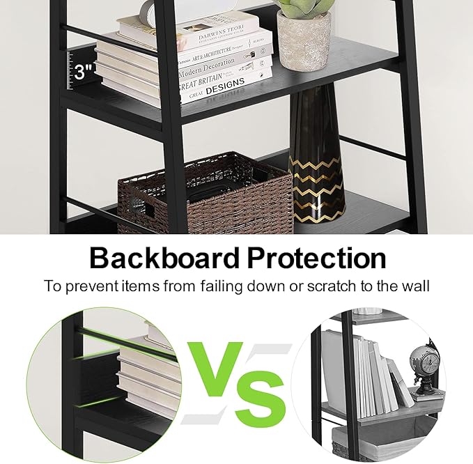Himimi Black Ladder Bookshelf, 5 Shelf Bookcase Industrial Bookshelf Wood and Metal Bookshelves, Plant Flower Stand Rack Book Storage Shelves for Living Room, Bedroom, Home Office (2 PCS)
