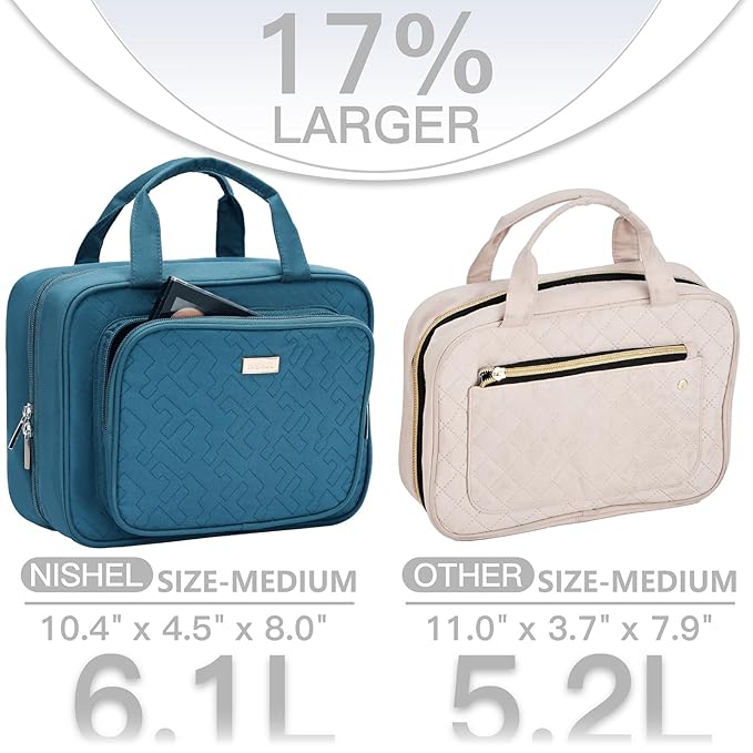 NISHEL Travel Toiletry Bag for Women, Makeup Essentials Organizer, Hanging Case for Accessories, Cosmetics, Medium Size, Lake-Blue