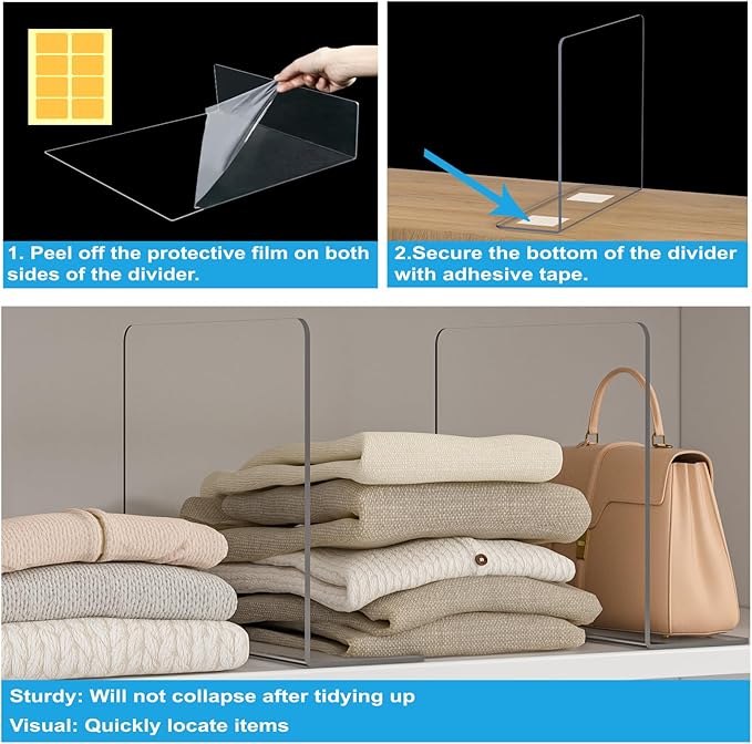 OKPOW Shelf Dividers Closet Organizer - 12" Tall X 11.8" Deep Acrylic Clear Sturdy Separate for Clothes Purse - Adjustable Space Saver Easy Install for Home Organization Enthusiasts 12 Pack