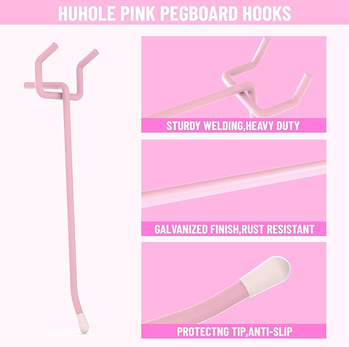 HUHOLE Pegboard Hooks 4 Inch 50PC, Pink Peg Board Hooks, Fit 1/4" or 1/8" Pegboard, Ideal Peg Board Organizer Accessories for Wall Display, Crafts Organization, Kitchen Organizer (Pink, 4 Inch)