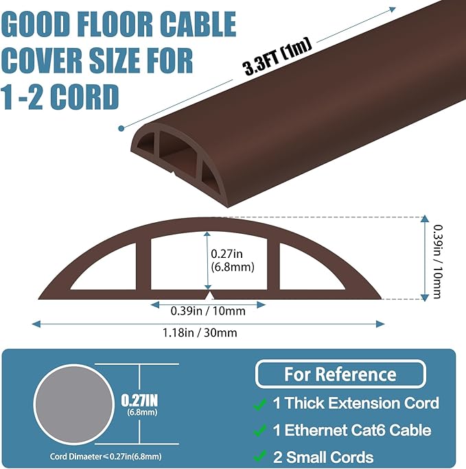 Floor Cord Covers for Wires 3.3FT Cable Hider Wire Cover Self Adhesive Cord Hider Floor for Offices, Homes, Workshops, Warehouses Cable Cavity 0.39" W x 0.27" H