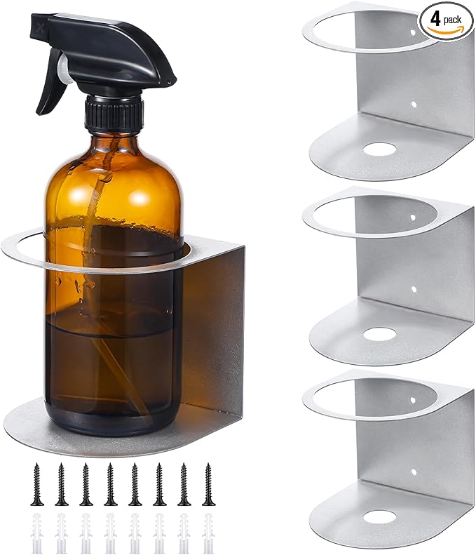 Gerrii 4 Pcs Spray Bottle Holder Wall Mount Bottle Organizer Spray Can Holder Organizer for Garage and Workspace Stainless Steel Easy Install Craft Workspace Paint Rack with Hardware (Gray)