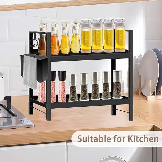Bathroom Countertop Organizer with Basket & Hooks, 2 Tier Bathroom Organizers and Storage for Perfume, Cologne, Spice, Black Vanity Organizer for Kitchen, Office and Under Sinks