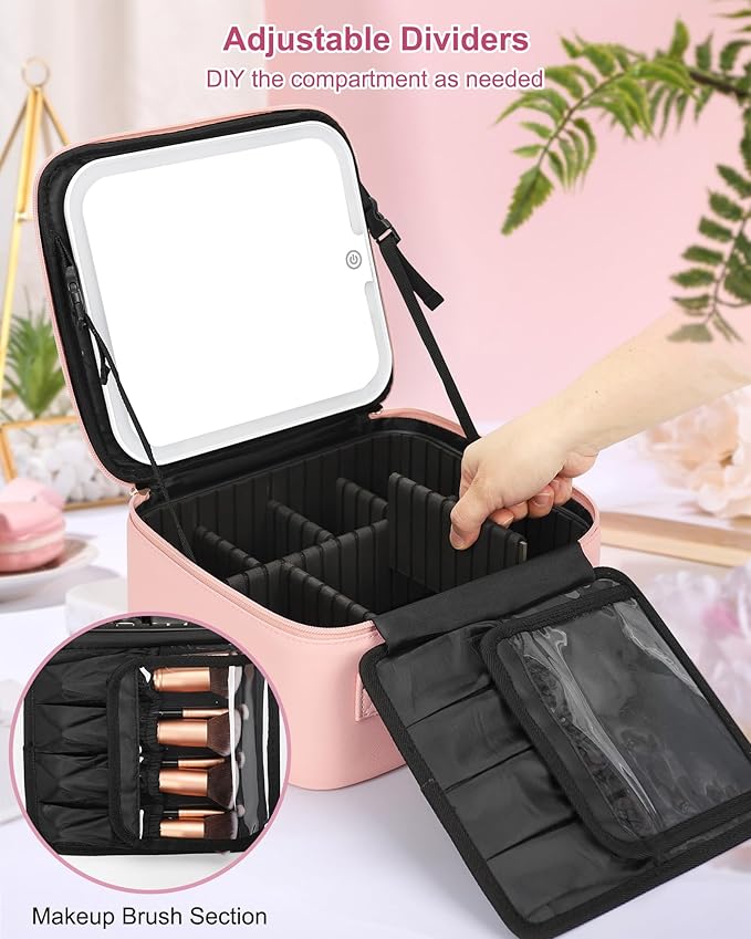 Relavel Initial Makeup Bag with LED Mirror for Women Girls, Personalized Travel Cosmetic Organizer Train Case, Birthday Gifts for Grandkids Bridesmaid Graduation Teacher Friends, Trendy Stuff, Pink D