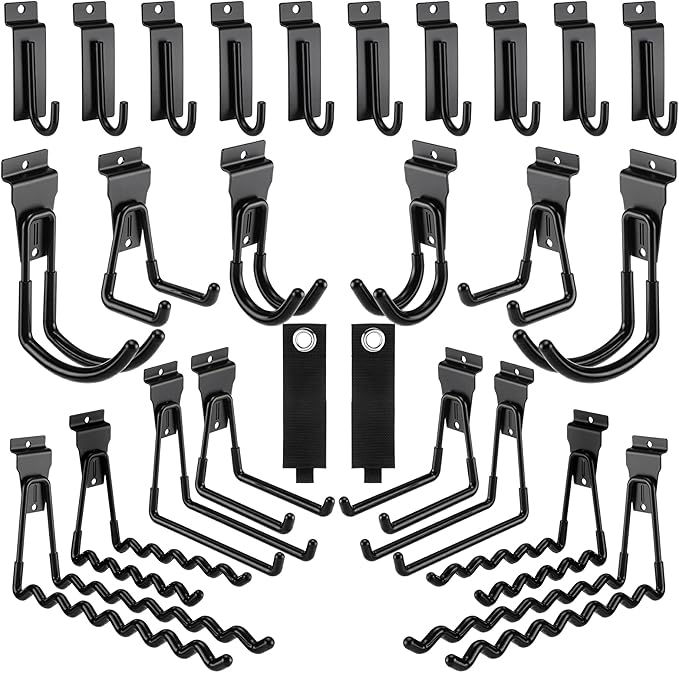 Landhoow 26 Pack Slatwall Accessories, 24 Pcs Multi Size Heavy Duty Slat Wall Hanging Hooks & Hangers with 2 Pcs Storage Straps for Storage Garage Wall Organization Garden Home Slatwall Paneling
