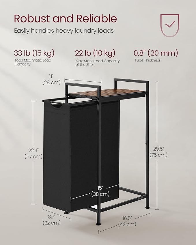 VASAGLE Laundry Hamper, Laundry Basket, Laundry Sorter with a Pull-Out and Removable Bag, Shelf, Metal Frame, 12.4 Gallons (47 L), 16.5 x 11 x 29.5 Inches, Ink Black and Rustic Brown UBLH001B01