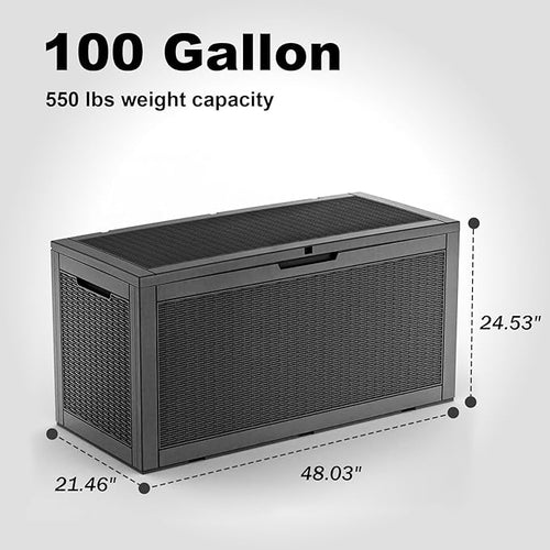 100 Gallon Deck Box,Resin Outdoor Storage Box with Lockable for Patio Furniture, Pool Accessories, Garden Tools Waterproof Outside Storage Box, Black