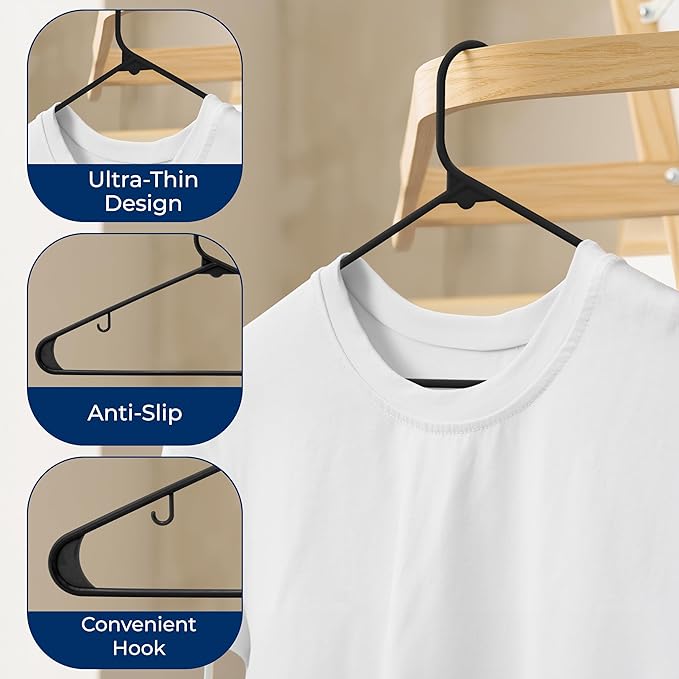 SereneLife Premium 10 Pack Plastic Hangers, Lightweight, Durable, Space Saving Clothes Organizers, Suitable for Shirts, Sweaters, Hoodies, Dresses, Kids Clothes, Good for Home Organization (Black)