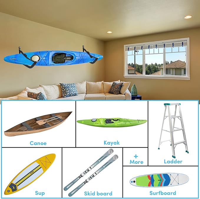 Kayak Storage Rack,Kayak Rack for Garage,Kayak Wall Mount Kayak Wall Rack with Nylon Straps,Heavy Duty Kayak Hanger Kayak Hook Suitable for Kayaks and SUP Paddle Board(4Pack,6 Colors)