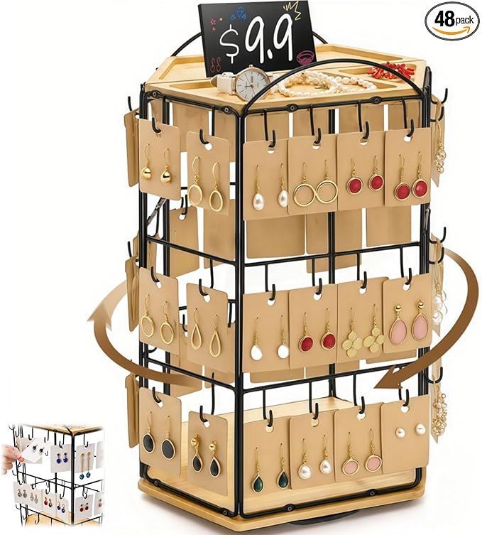Rotating Earring Display Stand for Vendors, 48 Hooks Hexagon Bamboo Jewelry Holder, Large Capacity Jewelry Storage Showing Rack for Selling, Store, Home, Necklace Bracelet Keychain, 3 Tiers