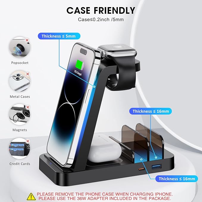 Wireless Charger for iPhone - 5 in 1 Charging Station for Multiple Devices Apple: Fast Wireless Charging Stand Dock for iPhone 17 16e 16 15 14 13 12 Pro Max Apple Watch Airpods