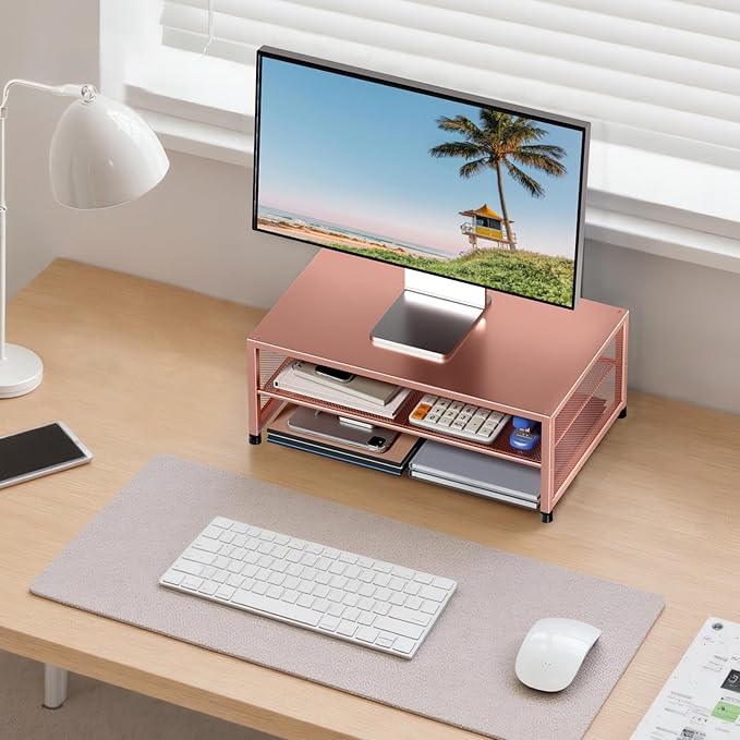 Desk Organizers and Accessories, 2-Tier Metal Computer Monitor Stand Riser, Desk Organizer for Monitor, Printer & Laptop Stand, Desktop Workspace Organizers for Office Supplies(Rose Gold)