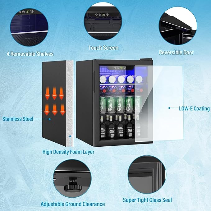 Compact Beverage Refrigerator, 105 Can/2.7 Cubic Feet Fridge with Glass Front Door for Soda, Beer or Wine, Under Counter Small Refrigerator with Adjustable Shelve & Digital Display(Black)