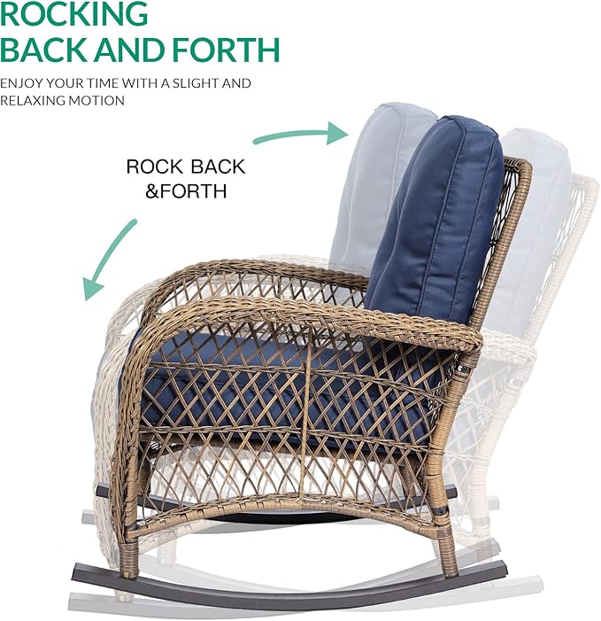 VIVIJASON 2 Piece Patio Wicker Rattan Rocker Chair, Outdoor Rattan Rocker Chair with Cushions & Steel Frame, All-Weather Rocking Lawn Wicker Furniture for Garden Backyard Porch (Navy Blue)