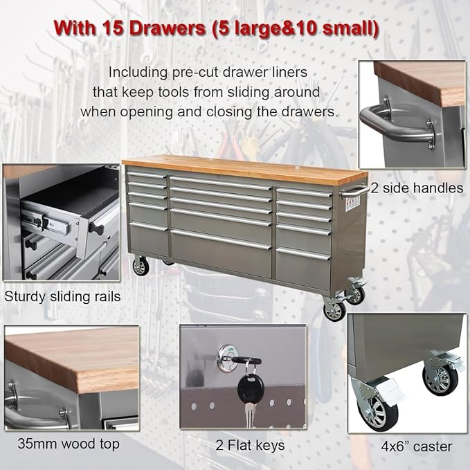 72" Stainless Steel Rolling Tool Chest with 15 Drawers, Lockable Storage Cabinet, Mobile Workbench, Assembled Large Tool Box with Wheels for Garage Workshop (1 × HTC7215W1)