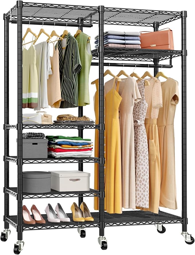 VIPEK R4 Garment Racks Heavy Duty Clothes Rack -620lb Capacity Metal Frame, Rolling Lockable Wheels & 6 Tiers Adjustable Height Shelves & Hanger Rods, Sturdy Wardrobe Closet for Home Storage, Black