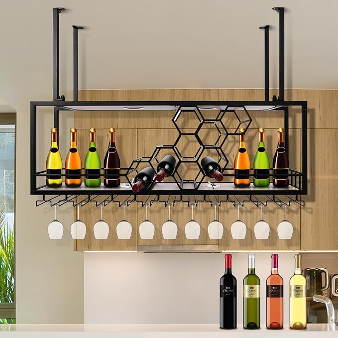 Metal Hanging Wine Rack Hanging Organizer Ceiling Bar Wine Glass Rack with Glass Holder and Shelf Multi Functionl Wine Bottle Holder Organizer, for Bar Cafe Kitchen