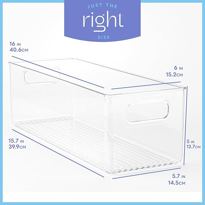 primebox Plastic Food Storage Clear Container Bin with Handles for Organizing Kitchen, Pantry, Fridge, Freezer, Pantry,Bathroom. 16"x6"x5"