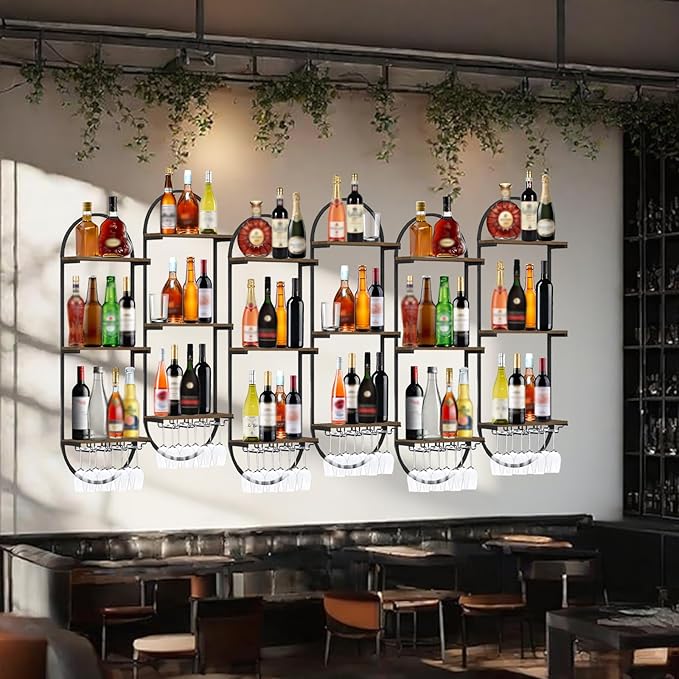 Wall Mount Wine Rack, 3-Tier Metal Oval Design Wine Rack Wall Mounted, Wine Bottle Holder for Home Bar, Wine Kitchen Storage Liquor, Champagne(Black, 6PCS)