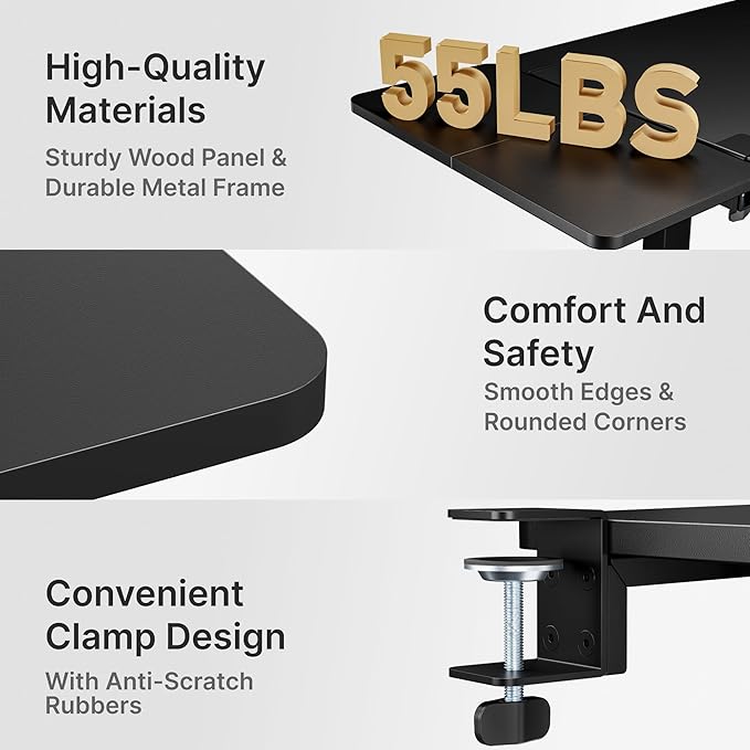 Desk Extender Tray, 24" x 12" Clamp On Desk Shelf, Desk Extension with Storage Drawer, Table Desk Arm Rest, Clamp On Keyboard Tray for Office and Home, Workstation Organizer, Medium, Black