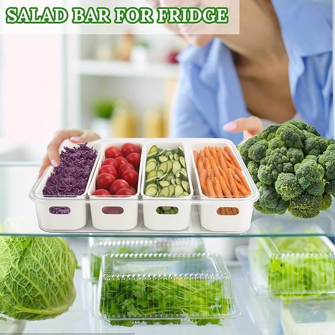 shopwithgreen Salad Bar Containers for Fridge with Lid and Handle, Fruit Storage Containers with 4 Removable Colanders, Berry Box Fresh Produce Saver for Fruit, Veggie, Refrigerator, Kitchen, Picnic