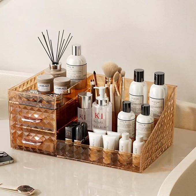 Clear Makeup Organizer for Vanity,Desk Makeup Caddy With Drawers for Cosmetics,Lipsticks Nail Care Skincare Jewelry Countertop Organizers,Cosmetic Display Cases for Bathroom, Dresser (Amber)