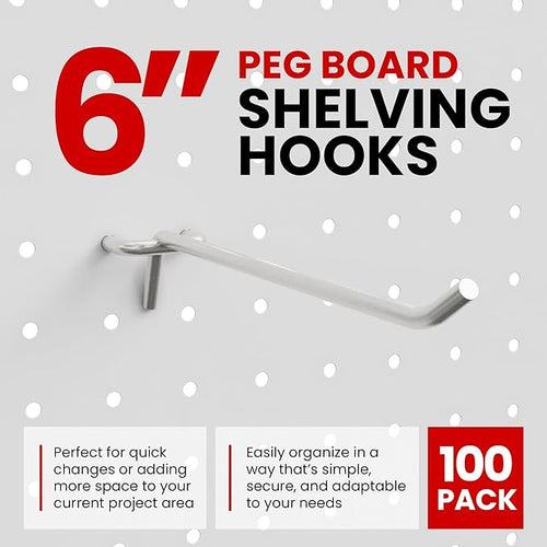 100 Pack PEG Board Pegboard Shelving Hooks 6" Length Wholesale Lot