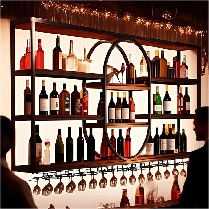Large Wall Mount Wine Rack, Metal 4 Tier Large Capacity Hanging Bar Rack with Wine Glass Holder, Oval Wine Bottle Storage Display Rack for Kitchen, Living Room, Home (H, 71in)