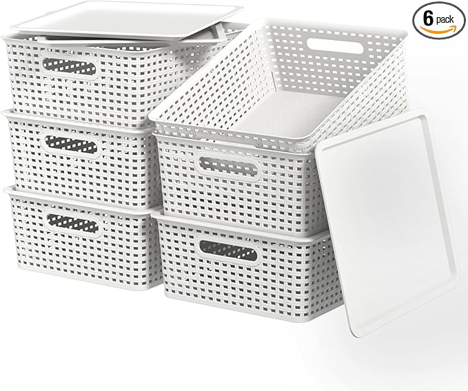 Wekioger Plastic Woven Baskets with Lids, Large White Storage Basket, Set of 6