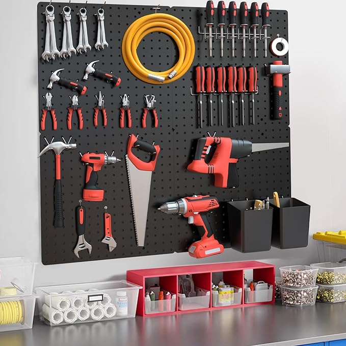 FZK PegBoard,4 Pack Peg Board,ABS Black Pegboard, 24x24inch,Pegboard Wall Organizer, Peg Board for Walls,Plastic pegboard,Suitable for Office Craft Room Kitchen and Item Display