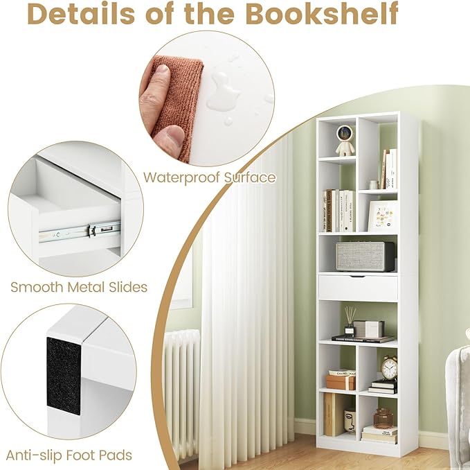 Giantex 71" Bookcase with Drawer, Tall Freestanding Bookshelf with 10 Open Cubes, Floor Display Shelving Unit, Modern Storage Organizer for Living Room, Bedroom, Study, White
