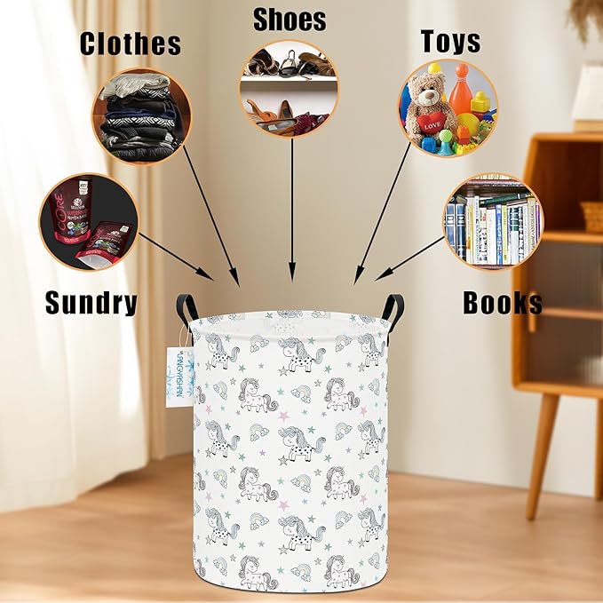 LANGYASHAN Laundry Basket Canvas Fabric Collapsible Organizer Basket for Storage Bin Toy Bins Gift Baskets Bedroom Clothes Children Nursery Hamper (Rainbow Unicorn)