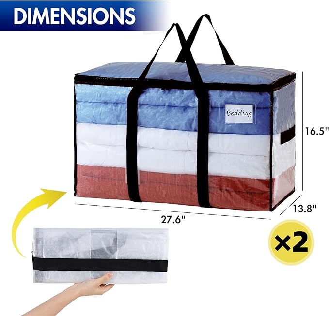 TAILI Extra Large Moving Bags, 2 Pack Clear Heavy Duty Totes for Storage with Visible Window, Wrap Around Handles, Storage Bags for Space Saving, Alternative to Moving Boxes