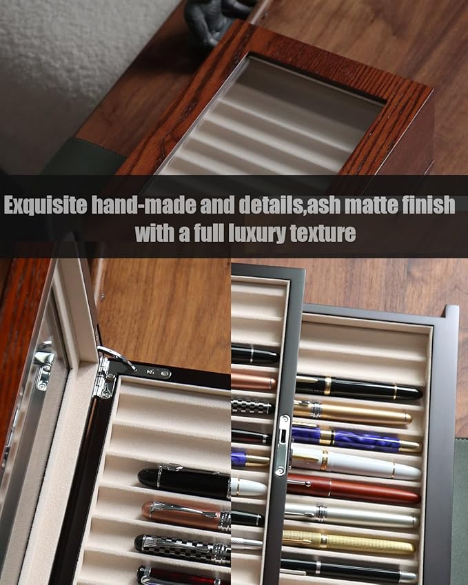 wood pen display case 24 slot Fountain pen Box storage Organizer with drawer, Top Glass Window Pen Collection Display Case