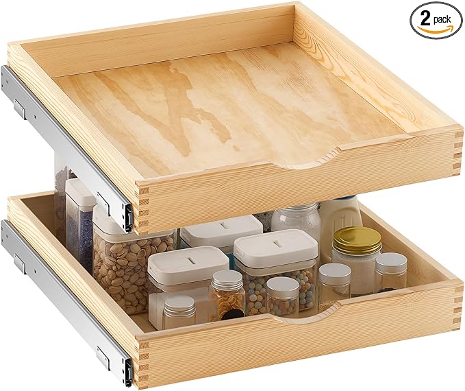 Menkxi 2 Set Pull out Tray Cabinet Organizer Wooden Pull Drawers storage Slide out Pantry Shelf for Base Cabinet Kitchen Gentle Close Fully Assembled Accessories(Wood Color,21'' X 21'' X 3'')