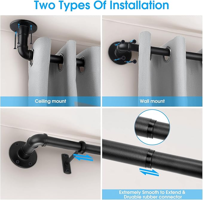 Industrial Curtain Rod, 1 Inch, Black, Rustic, 30-120" with Brackets, Wall/Ceiling Mount, High Carbon Steel, Glossy Black Steel Finish