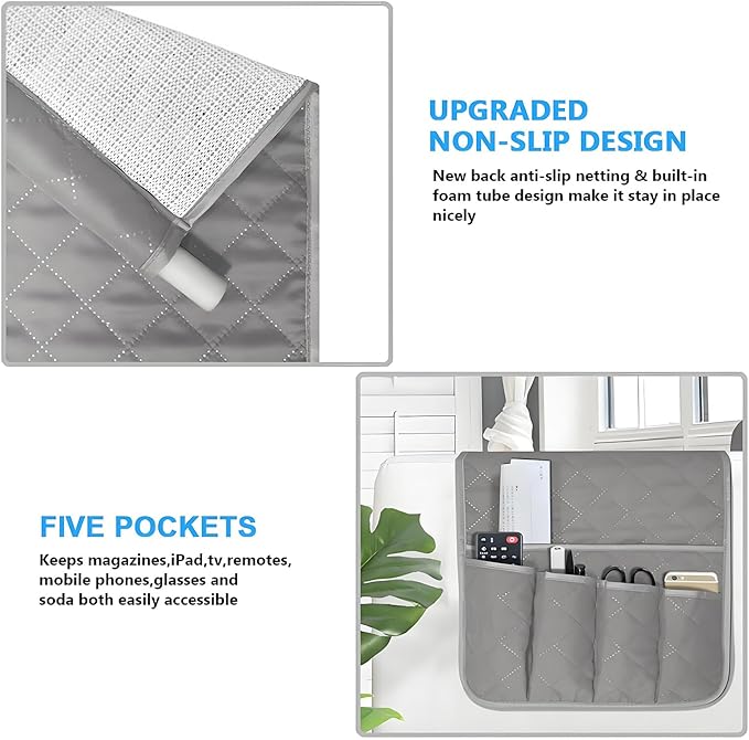 Sofa Armrest Organizer Non-Slip Arm Chair Bedside Caddy Storage Organizer for Recliner Couch with 5 Pockets for Cell Phone TV Remote Control Magazines(LIGHT GRAY)