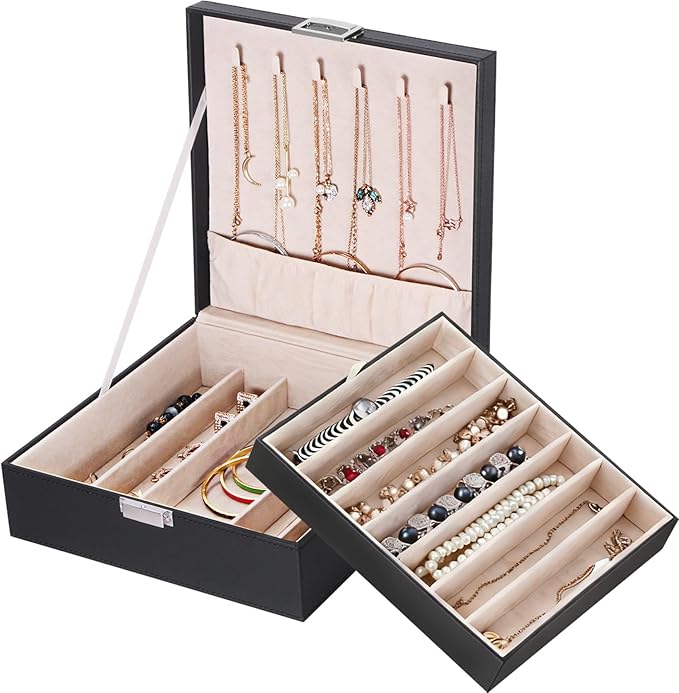 BEWISHOME Jewelry Box Organizer, 2-Layer Necklace Organizer Box, Modern Style Necklace And Bracelet Storage Case, Necklace Case for Women, Girls (Black SSH31B)