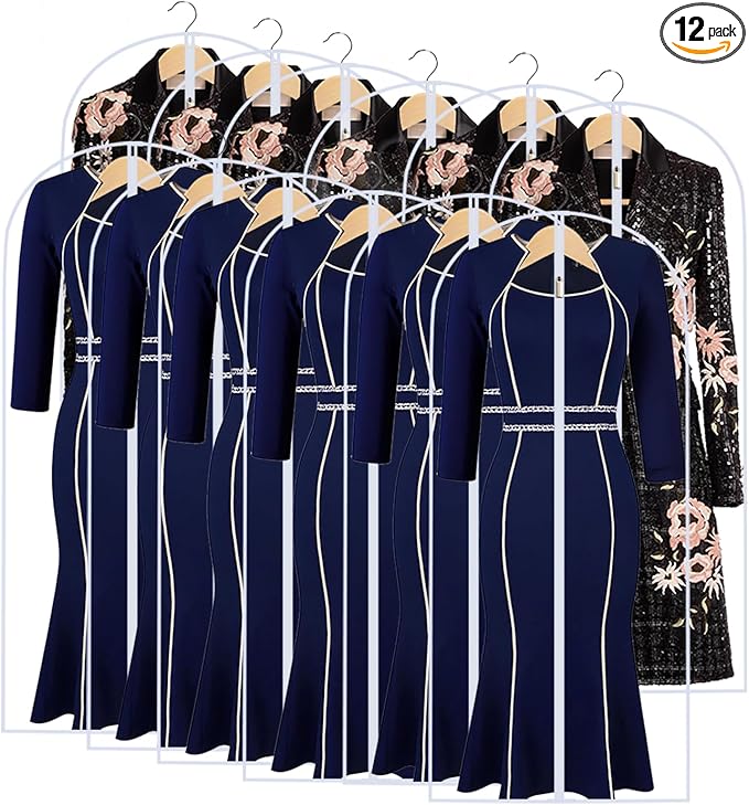 Garment Bags for Hanging Clothes 24'' x 55'' (Set of 12) Coat Covers for Closet Foldable Washable Dress Bags for Hanging Clothes for Long Dress Dance Costumes Suits Gowns Coats