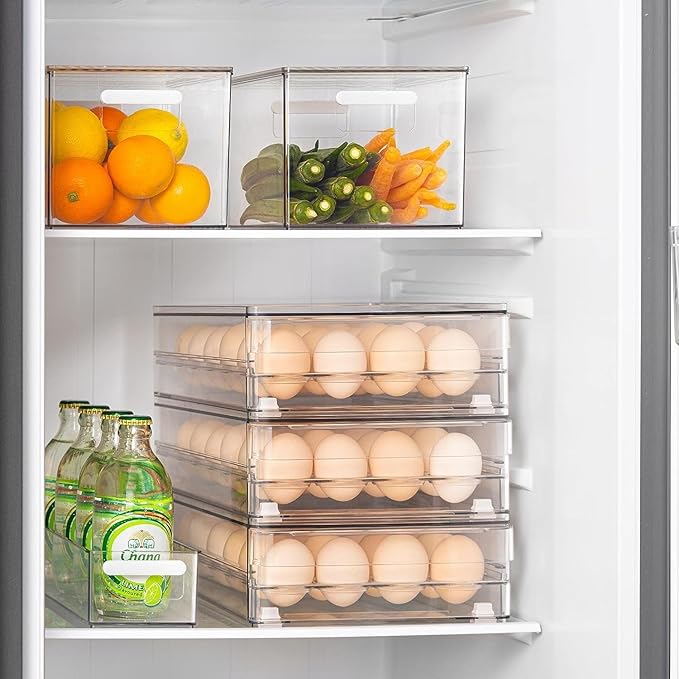 vacane 24 Capacity Egg Holder for Refrigerator Organizer Bins, Clear Egg Storage Container for Fridge Egg Drawer Egg Tray with Non-Slip Pads, Bpa Free Egg Organizer-2 Pack