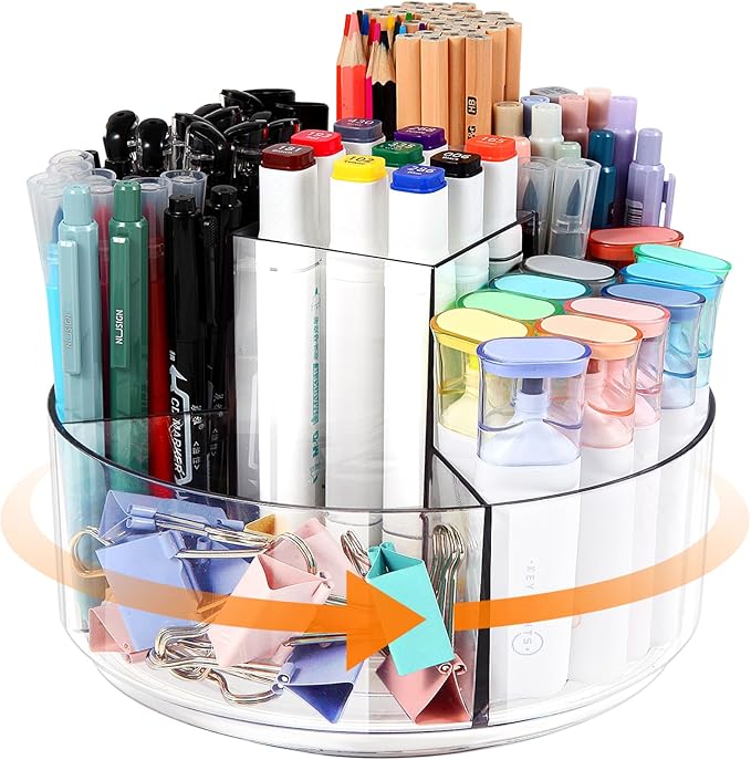 Rotating Pencil Holder for Desk, 5 Slots 360-Degree Spinning Acrylic Pen Holder for Desk, Marker Holder Caddy Art Supply Organizer Pen Organizer for Office Home School