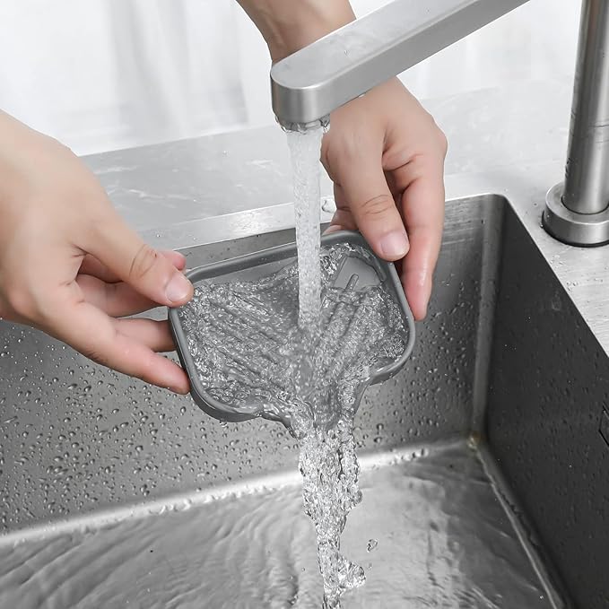 Silicone Bathroom Soap Dishes with Drain Spout-Bathroom and Kitchen Sink Organizer,Sponge Holder,Dish Soap Tray,Perfect for Dispenser,Scrubber,Bottle,Cup on Sink or Counter-Grey 4.9"×3.2"
