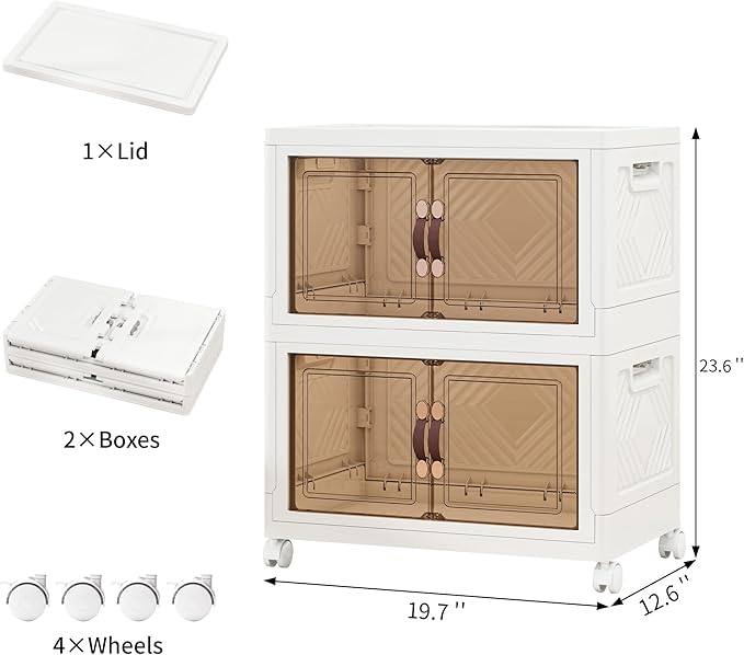 Storage Bins with Lids and Wheels, Collapsible Bathroom Storage Cabinet with Clear Doors, Plastic Stackable Closet Organizers and Storage Containers White 90 QT