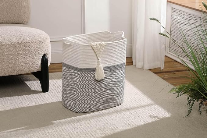Tall Laundry Basket With Handles,Woven Cotton Rope Big Laundry Hamper Sorters,Versatile Storage for Dirty Clothes,Baby Toys,and Blankets in Bathroom, Nursery,and Living Room (White/Gray, 50L)