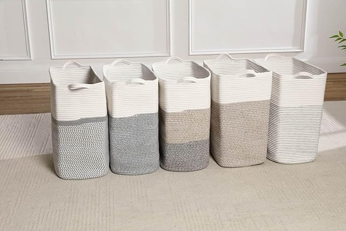 Tall Laundry Basket With Handles,Woven Cotton Rope Big Laundry Hamper Sorters,Versatile Storage for Dirty Clothes,Baby Toys,and Blankets in Bathroom, Nursery,and Living Room (White Brown, 68L)