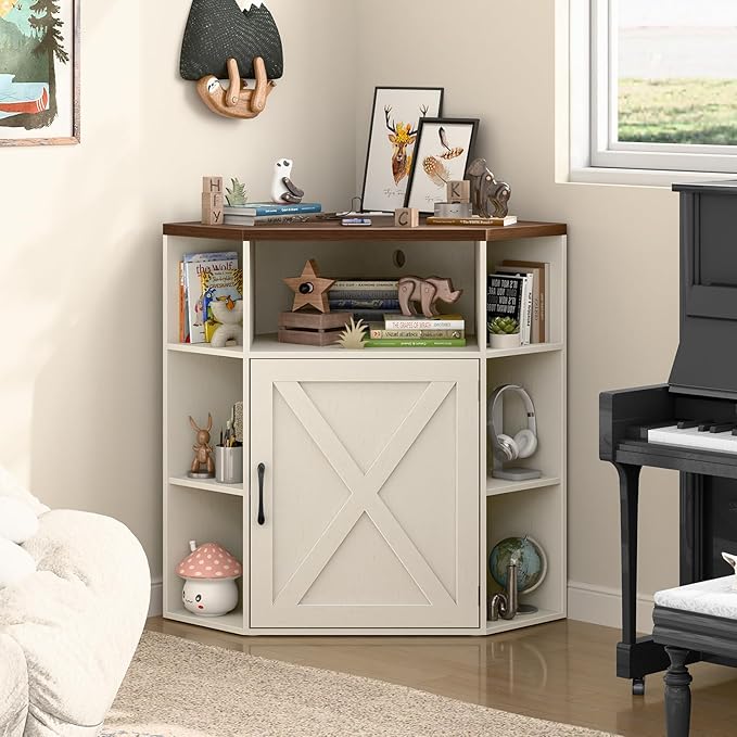 Vabches Corner Cabinet, Corner Storage Shelf with USB Ports and Outlets Industrial Organizer for Small Space Wooden 6-Cubby Bookshelf for Study, Playroom, Living Room (Off White)